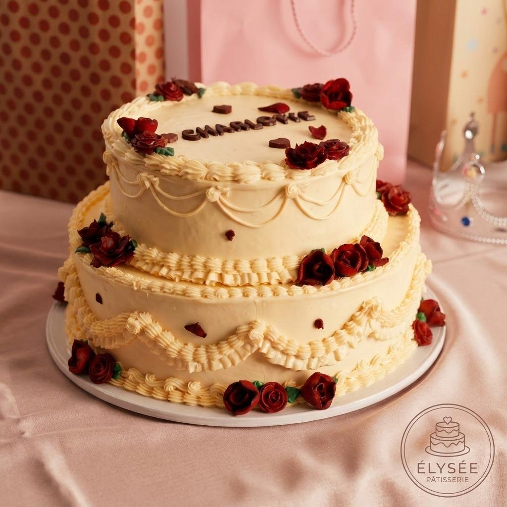 Pastel de bodas Charlotte con rosas de chocolate